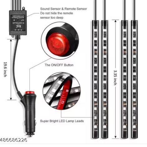 12 LED Strip Universal Atmosphere Light for Car Interior with Music Controller and Remote (Multicolor)12 LED Strip Universal Atmosphere Light for Car Interior with Music Controller and Remote (Multicolor)